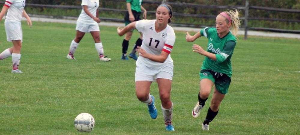 Jordyn Wright angles herself past a Delta defender during today's 2-0 win. The sophomore netted her first goal of the season in the win. Photo by Nicholas Huenefeld/Owens Sports Information