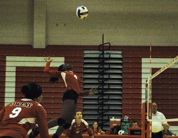 Dakia Sellers rises for one of her team-high 23 kills against Columbus State. With their four set win, the Sellers and the Express clinched their third straight OCCAC championship. Photo by Nicholas Huenefeld/Owens Sports Information