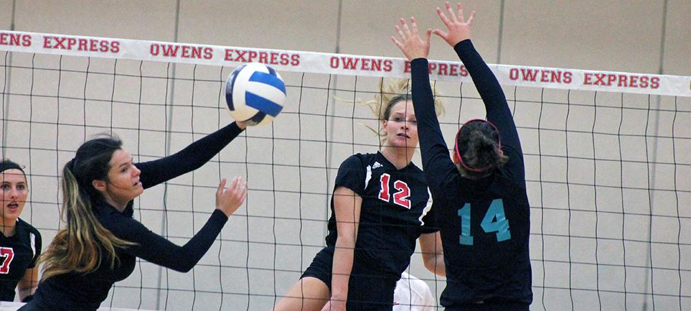 Abby Hesselschwardt watches one of her seven kills in tonight's second set. Photo by Nicholas Huenefeld/Owens Sports Information