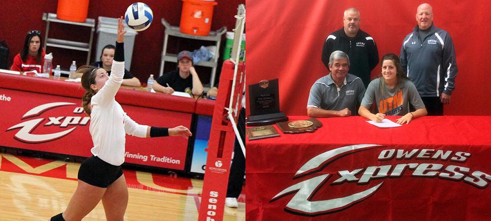 Macy Reigelsperger is joined by the Owens volleyball coach staff after signing with UT Martin. Photos by Owens Sports Information