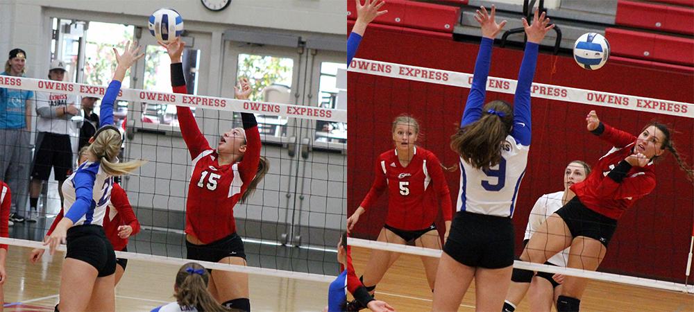 Ashley Pleiman (left) and Ally Mikesell (right) make plays during today's win over Lakeland. Photos by Nicholas Huenefeld/Owens Sports Information