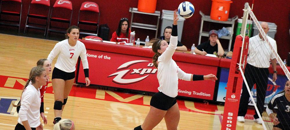 Macy Reigelsperger gets a kill in today's district championship game win over Columbus State. Photo by Nicholas Huenefeld/Owens Sports Information