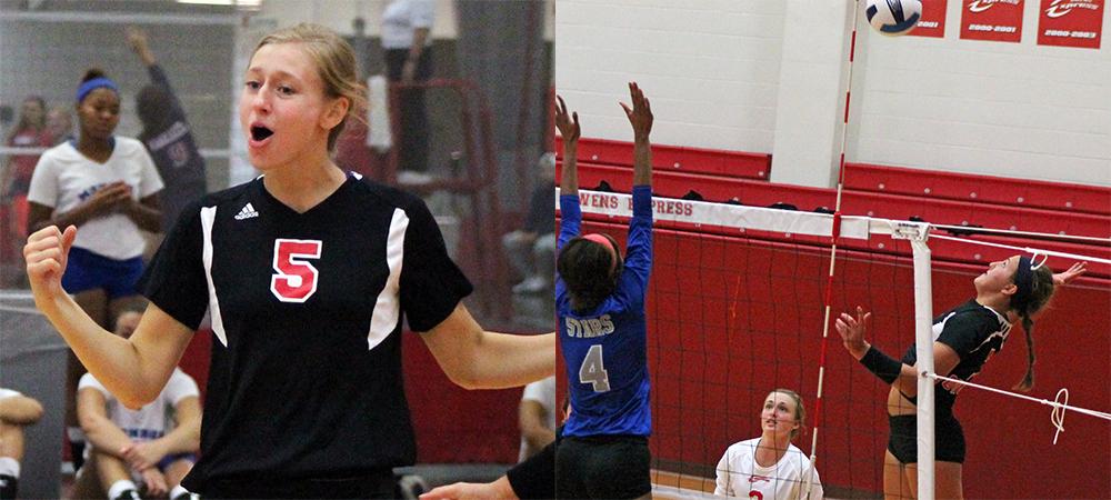Christine Tylutki celebrates a point on the left, and Ally Mikesell takes a swing on the right. Photos by Nicholas Huenefeld/Owens Sports Information