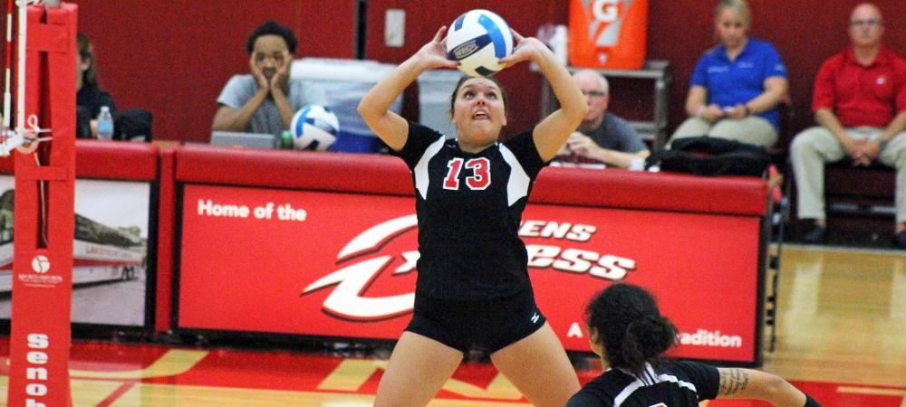 Carrigan Gray sets up Tyanna Smith for an attack. Photo by Nicholas Huenefeld/Owens Sports Information
