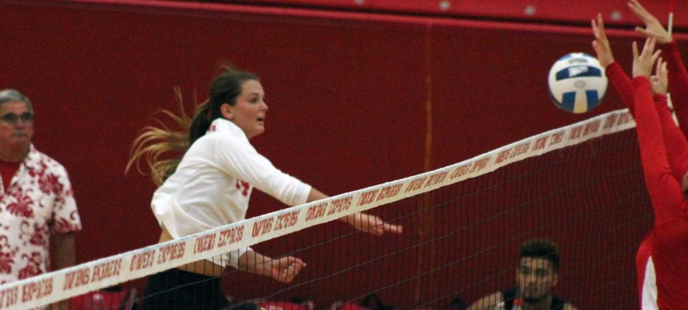 Erika Angstmann attempts a swing. She had a team-high 13 kills. Photo by Nicholas Huenefeld/Owens Sports Information