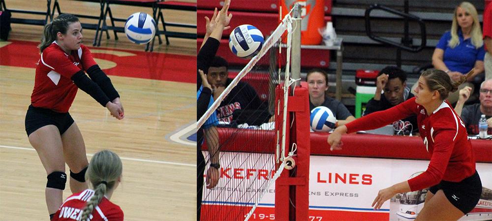 Niki Polce and Devon Heitkamp (L to R) helped lead No. 2 Owens to its seventh straight win tonight. Photo by Nicholas Huenefeld/Owens Sports Information