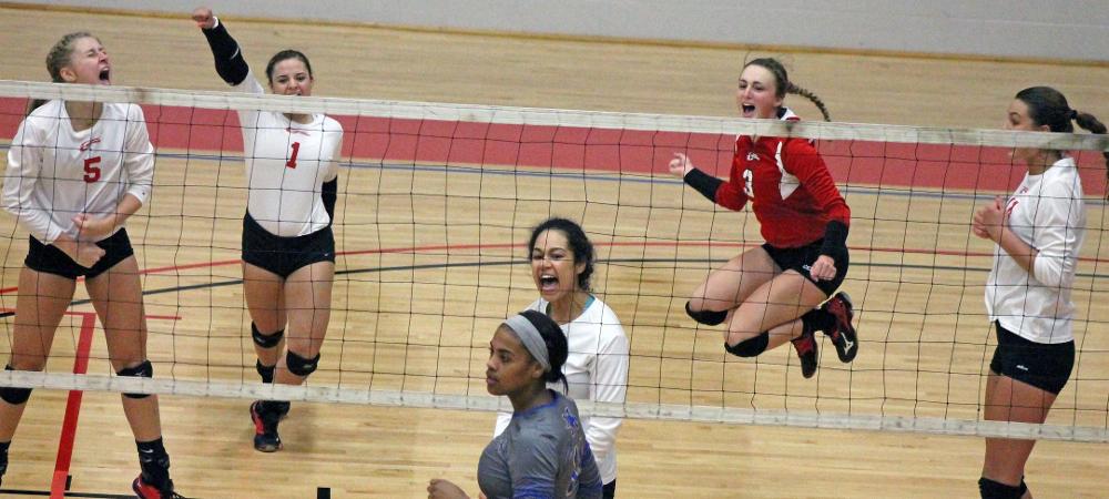 Owens celebrates a point late in the match against Monroe. Photo by Nicholas Huenefeld/Owens Sports Information