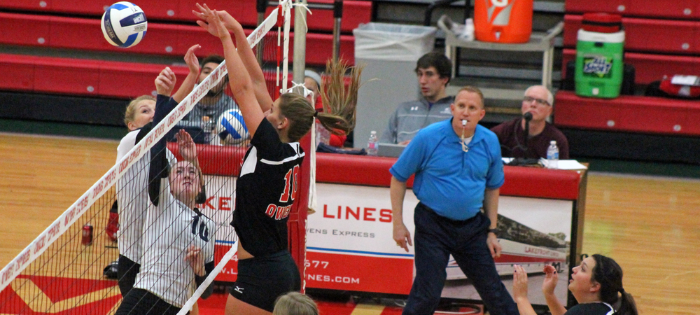 Devon Heitkamp rejects an opponent's attack during a recent match. Photo by Nicholas Huenefeld/Owens Sports Information