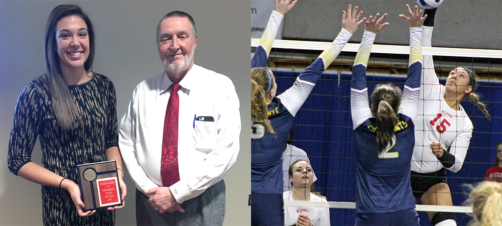 Ashley Pleiman, left, is pictured with Tim Miesse, who is the chair of the department of business technologies at Owens, after being named the outstanding graduate in the business administration concentration. At right is Pleiman during the NJCAA D-II National Tournament earlier this season.