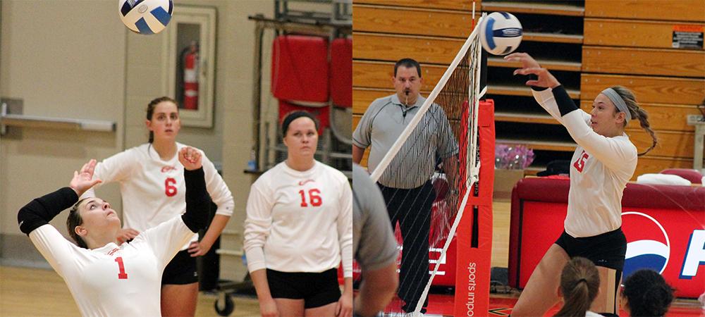 Niki Polce (left) and Ashley Pleiman (right) helped Owens improve to 31-4 overall tonight. Photos by Nicholas Huenefeld/Owens Sports Information