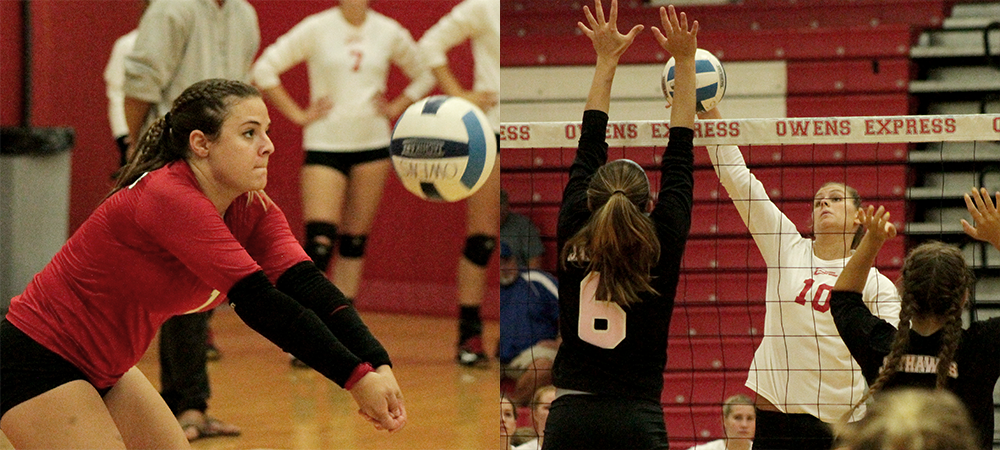 Niki Polce and Devon Heitkamp (L to R) had big weekends, which has helped No. 3 Owens start 11-0 this year. Photos by Nicholas Huenefeld/Owens Sports Information