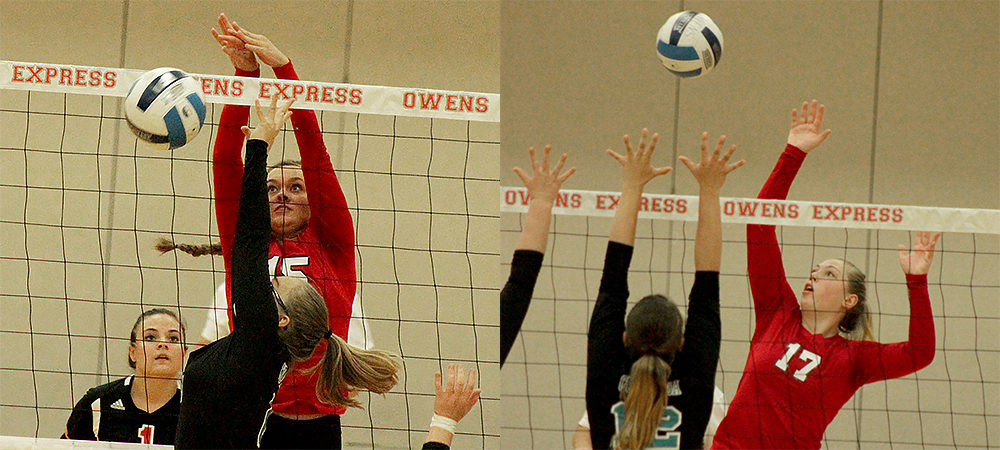 Ally Angstmann (left) and Michaela Eisenhauer both played key roles in a 25-8, 25-9, 25-14 win over Cuyahoga. Photos by Nicholas Huenefeld/Owens Sports Information