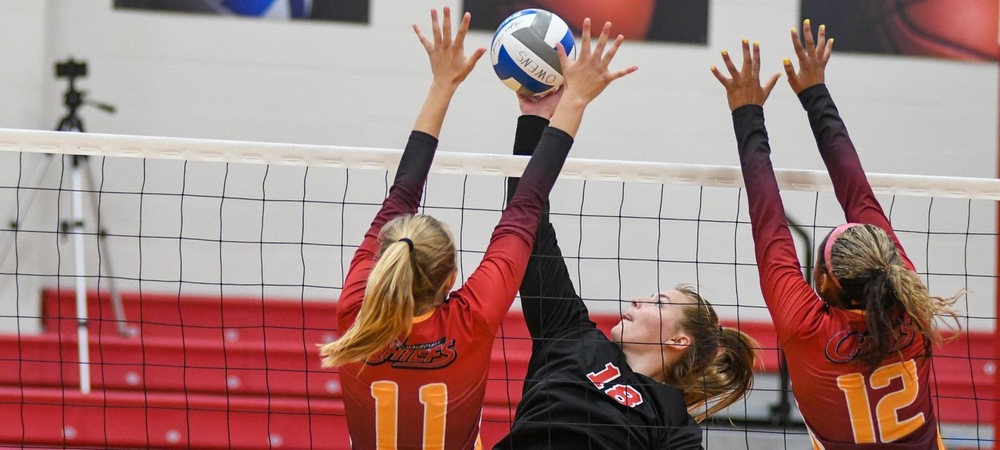 Maddie White, pictured her making an attack, was named the OCCAC player of the week on Monday for the third time this year.
